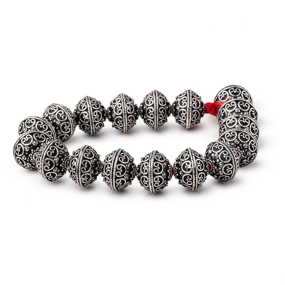 14x12.5mm Antiqued Sterling Silver Plated Copper Bali Design Rondelles 8 inch 16 Beads - BeadsofCambay.com