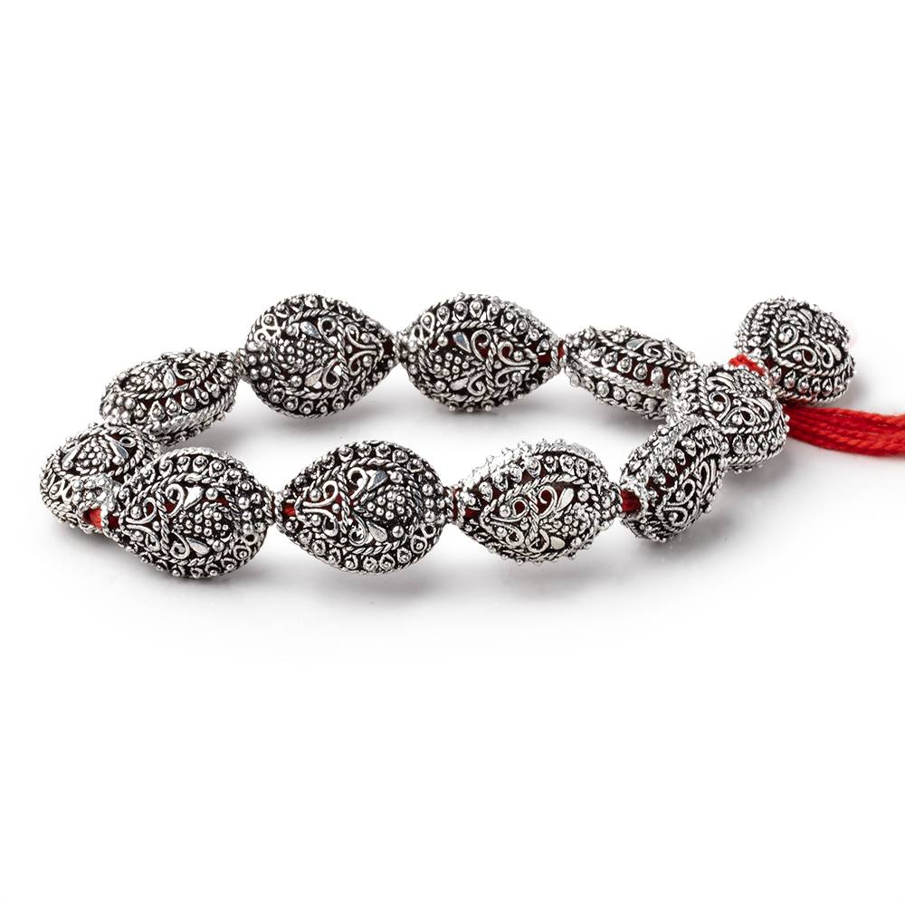 19x15mm Antiqued Sterling Silver Plated Copper Filigree Pear 8 inch 11 Beads - BeadsofCambay.com