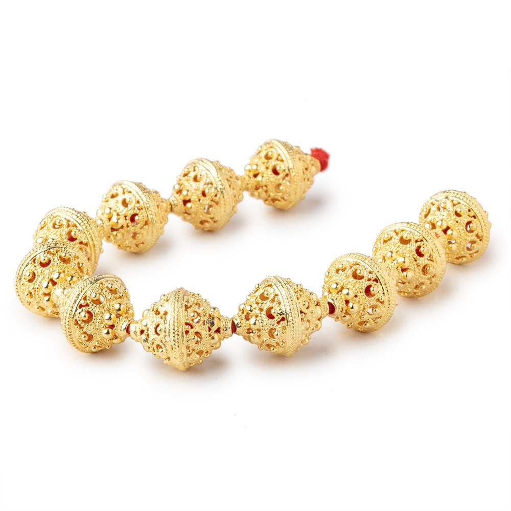 19x15mm 22kt Gold Plated Copper Persian Filigree BiCone 8 inch 11 Beads - BeadsofCambay.com