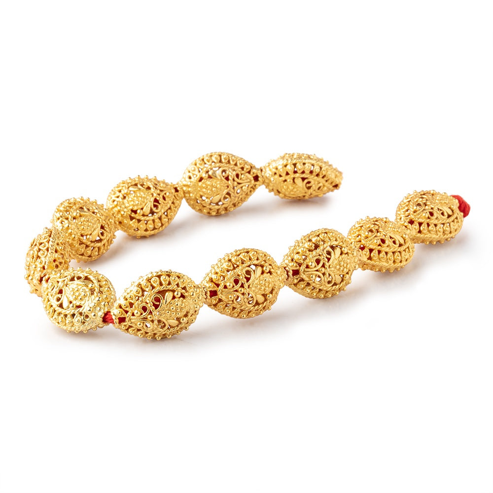 19x15mm 22kt Gold Plated Copper Filigree Pear 8 inch 11 Beads - BeadsofCambay.com