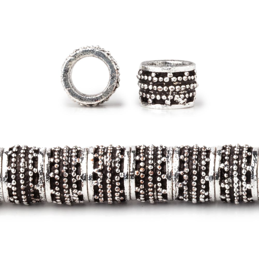 BeadsofCambay 7x9mm Antiqued Sterling Silver Plated Copper Miligrain Tubes 8 inch 31 beads Large Hole