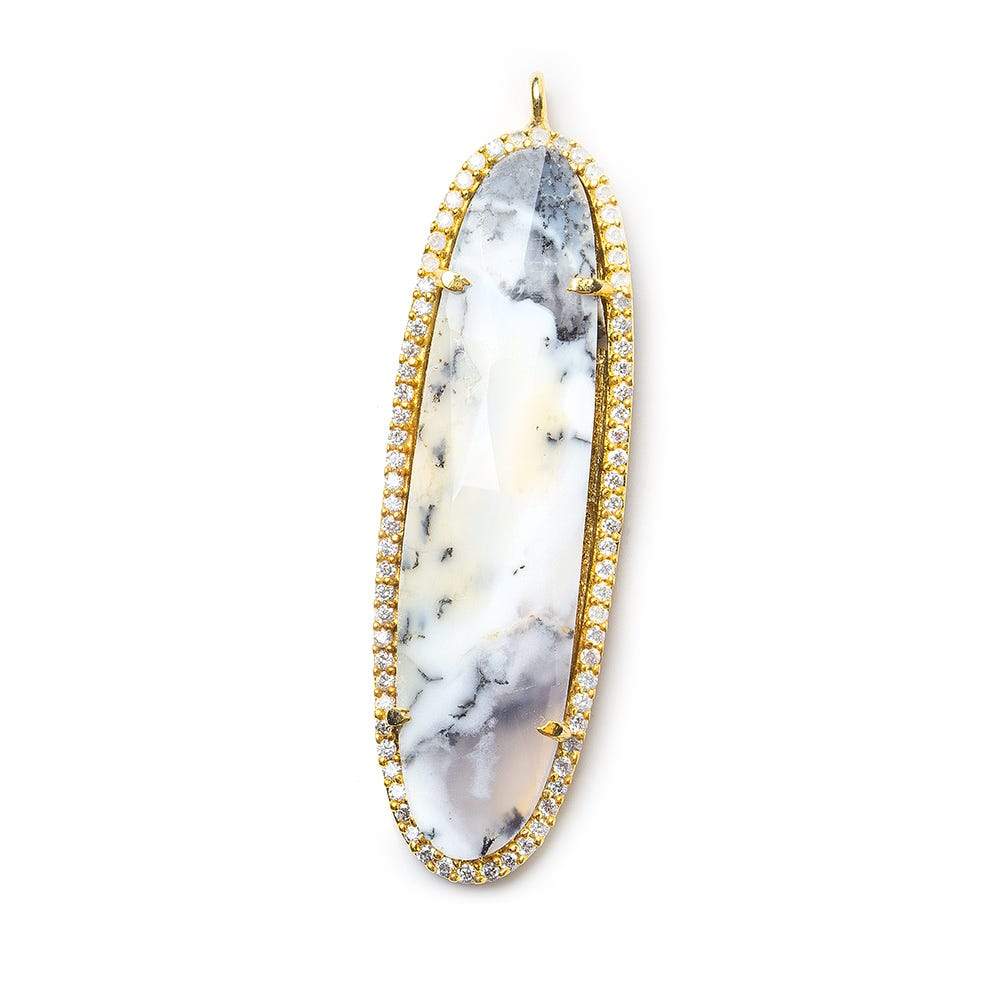 42.5x13.5mm Vermeil CZ Bezel & Dendritic Opal faceted oval Pendant 1 piece - Beadsofcambay.com