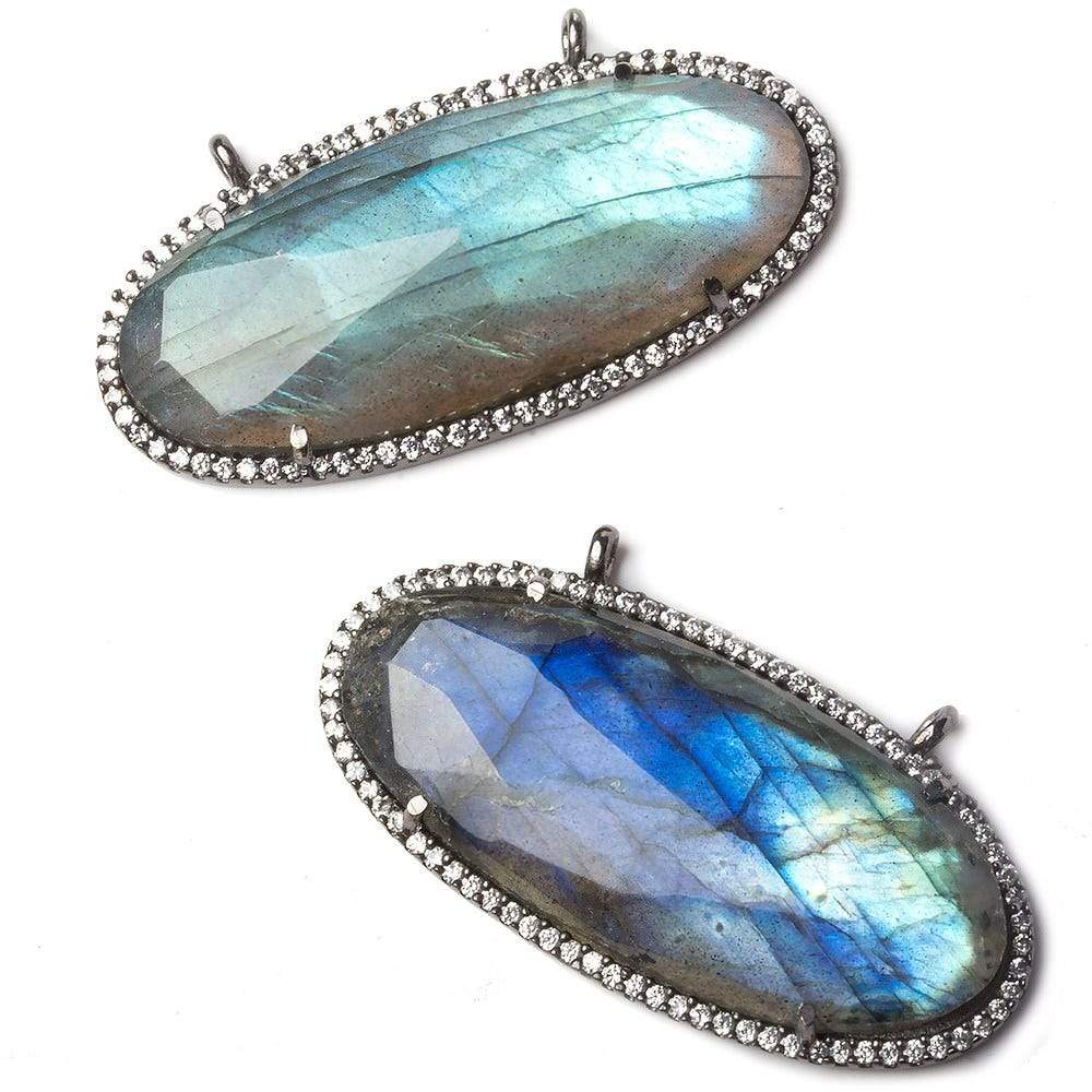 42x19mm Black Gold Bezeled White CZ and Labradorite East West Oval Pendant 1 piece - Beadsofcambay.com