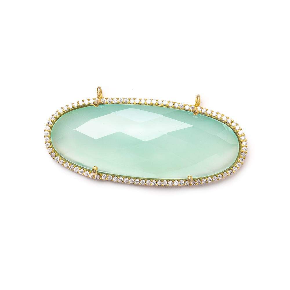 43x18mm Gold CZ Bezel & Seafoam Blue Chalcedony Faceted Oval East West Connector 1 piece - Beadsofcambay.com