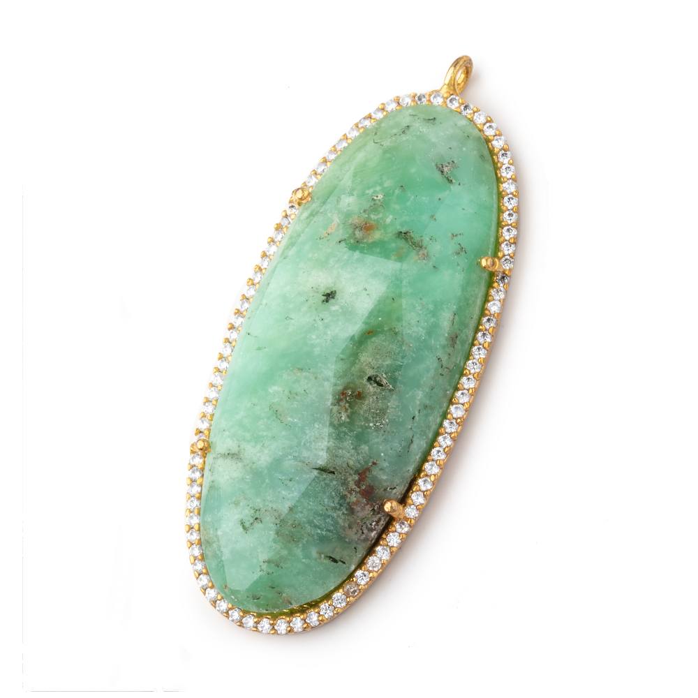 43x19mm Vermeil CZ Bezel & Chrysoprase faceted oval Pendant 1 piece - Beadsofcambay.com