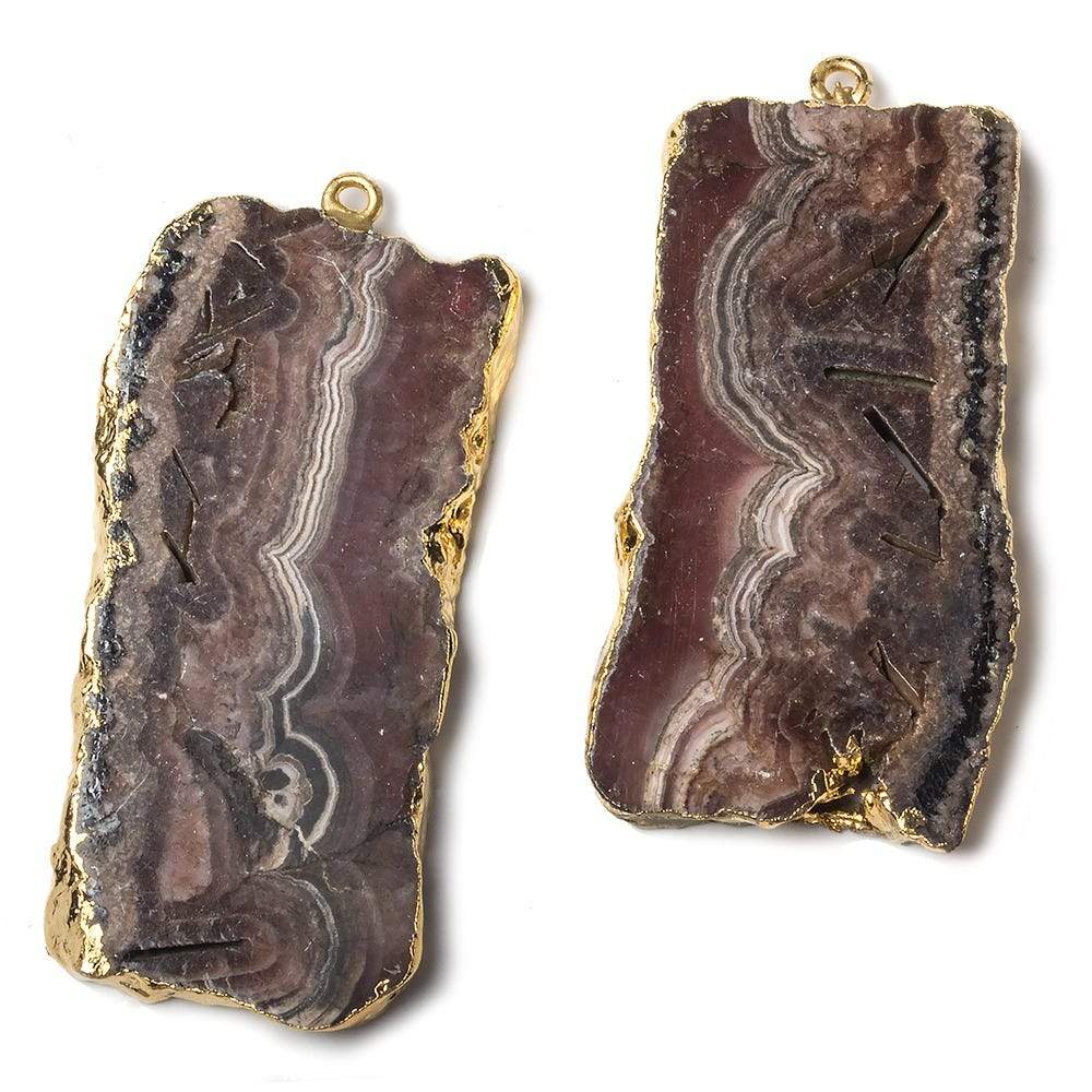 43x23mm Gold Leafed Rhodochrosite Slice Pendant Set of 2 matching pieces - Beadsofcambay.com