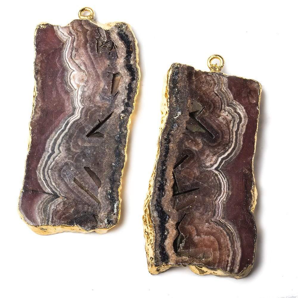 43x23mm Gold Leafed Rhodochrosite Slice Pendant Set of 2 matching pieces - Beadsofcambay.com