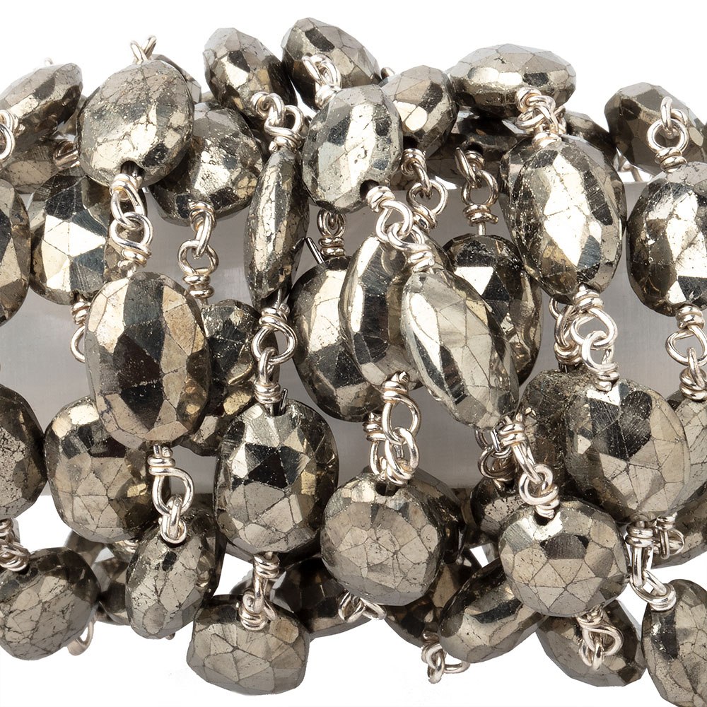9x6mm Pyrite faceted oval Silver plated Chain by the foot 21 pieces - BeadsofCambay.com
