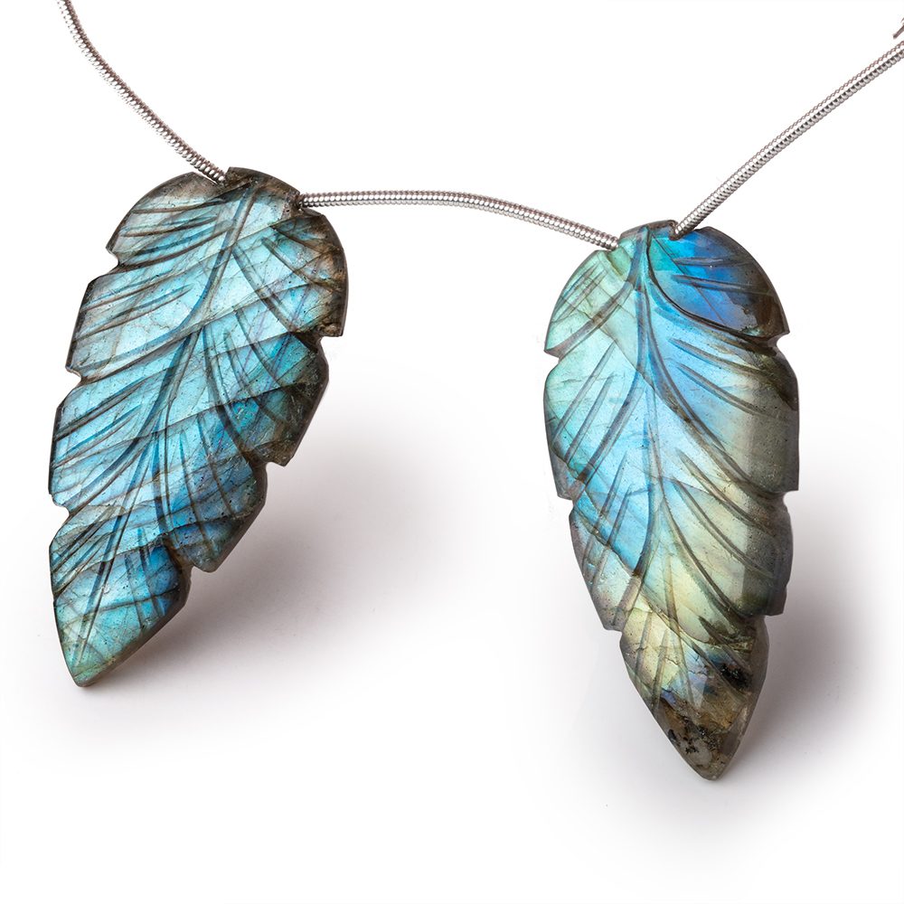 44.5x22mm Multi Color Labradorite Carved Leaf Focal Bead Set of 2 pieces - Beadsofcambay.com