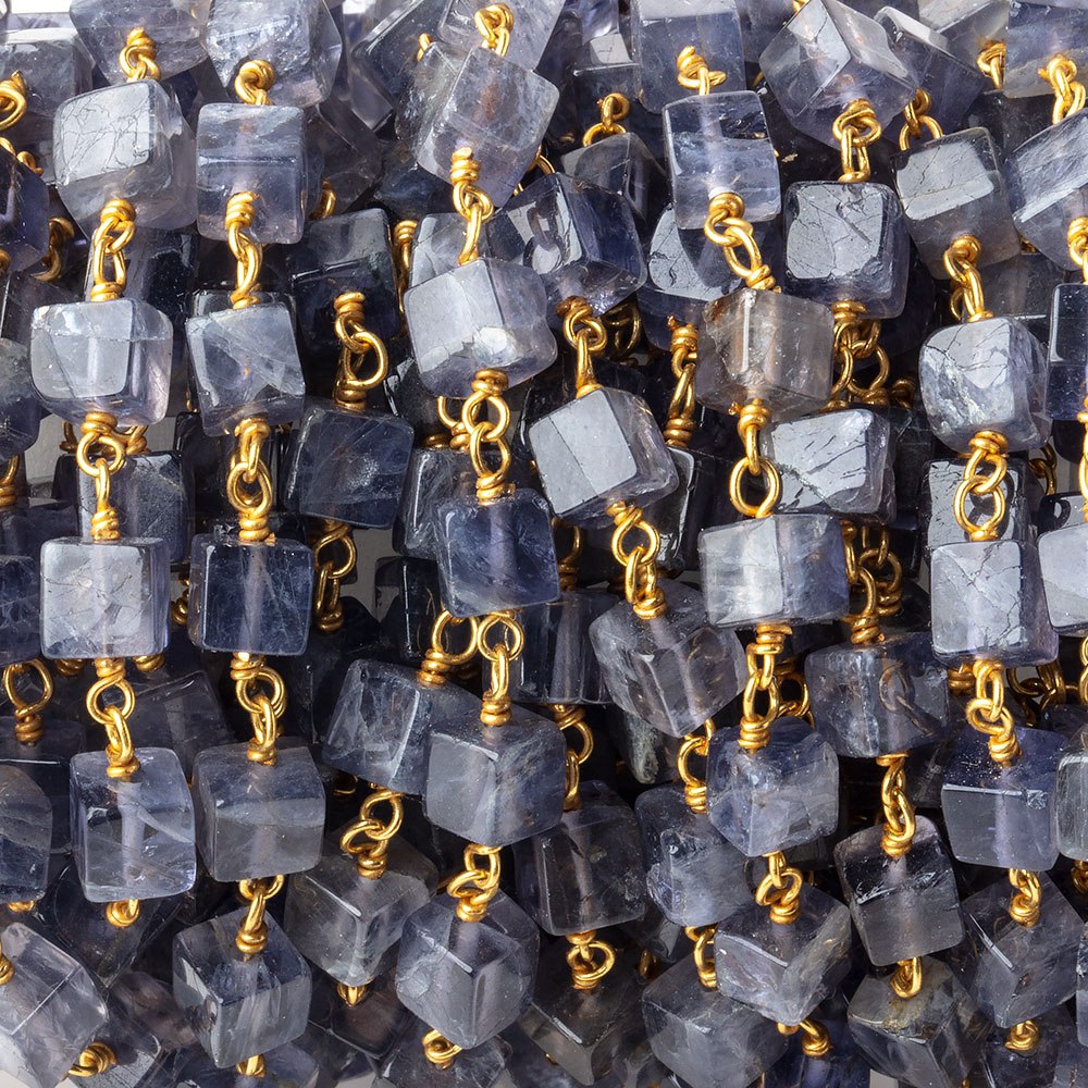4mm Iolite Plain Cube beads on Vermeil Chain 33 pieces per foot - BeadsofCambay.com