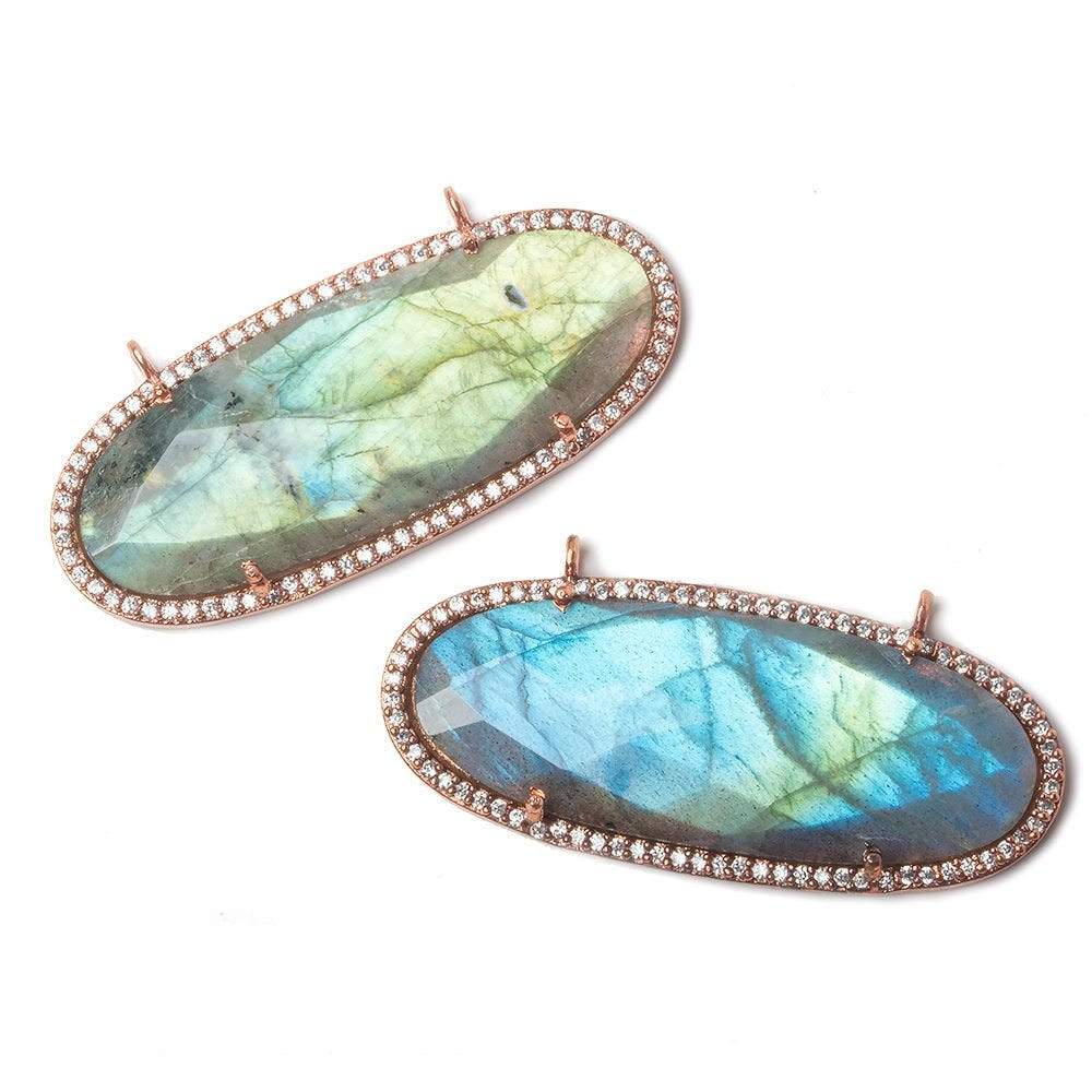 44x18mm Rose Gold Bezeled CZ & Labradorite Oval East West Connector 1 pc - Beadsofcambay.com