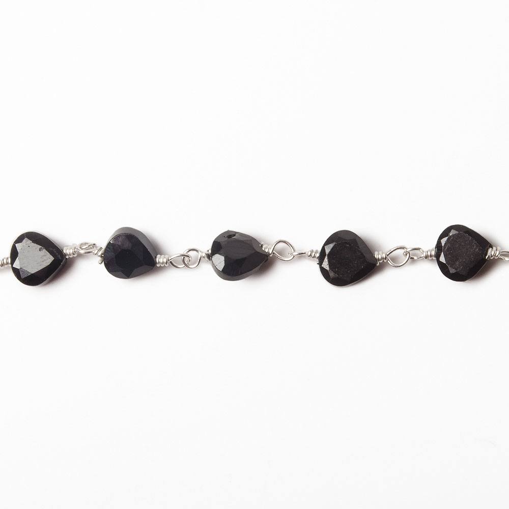 4.5-5mm Black Spinel Bezel Faceted Hearts on Silver Plated Chain by the foot 29 pcs - Beadsofcambay.com