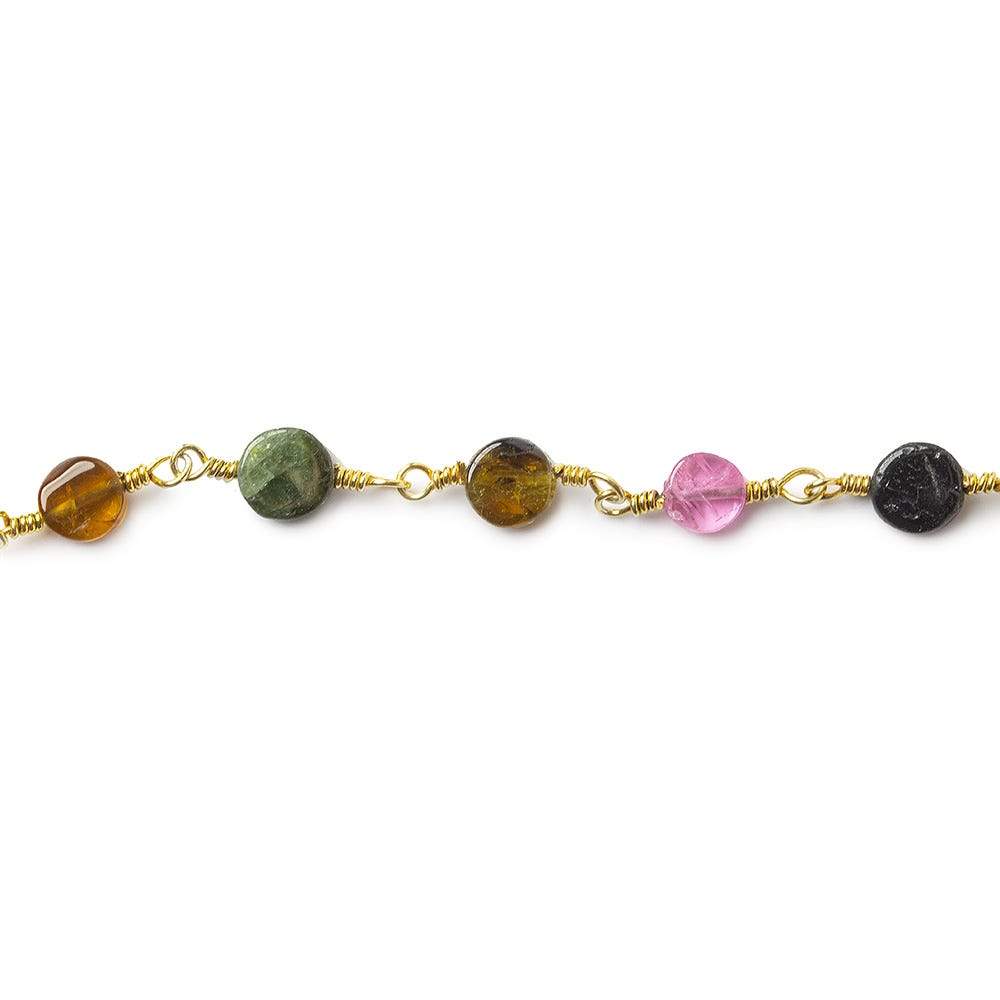 4.5-5mm Multi Color Tourmaline plain coin Gold plated Chain by the foot 25 beads A - Beadsofcambay.com