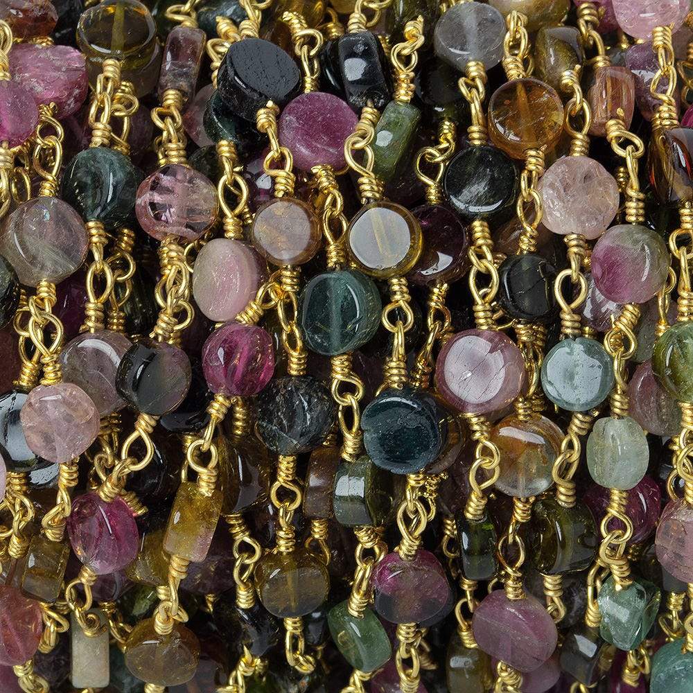 4.5-5mm Multi Color Tourmaline plain coin Gold plated Chain by the foot 25 beads A - Beadsofcambay.com