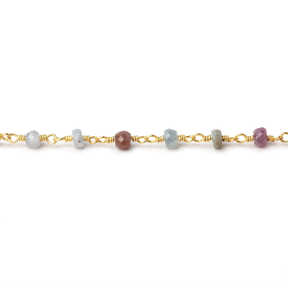 4mm Multi Color Sapphire Faceted Rondelles on Gold Plated Chain - BeadsofCambay.com