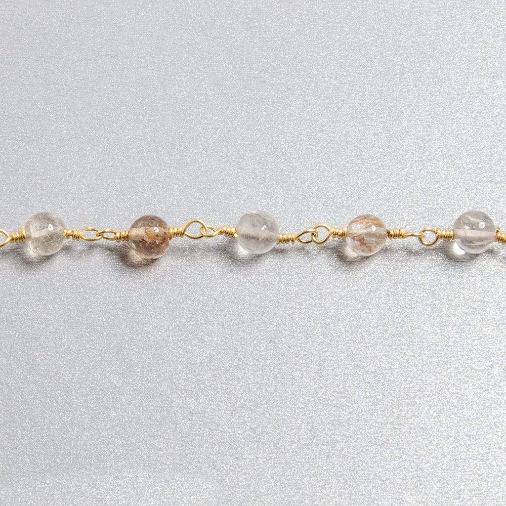 4.5mm Rutilated Quartz plain round Gold plated Chain by the foot 26 beads - Beadsofcambay.com