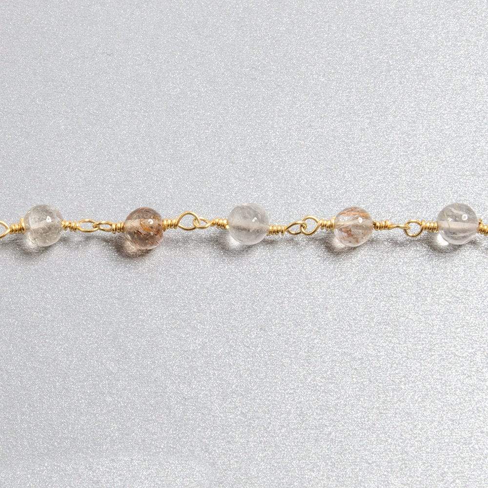 4.5mm Rutilated Quartz plain round Gold plated Chain by the foot 26 beads - Beadsofcambay.com