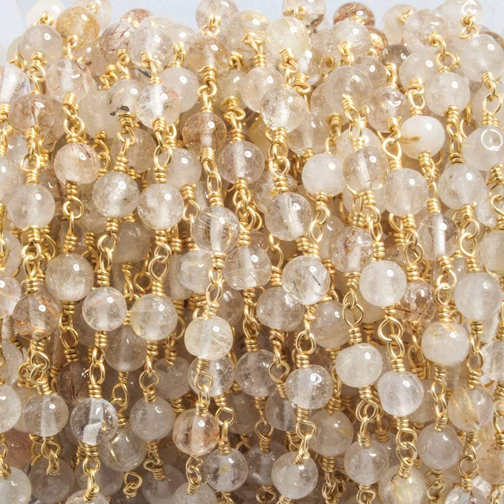 4.5mm Rutilated Quartz plain round Gold plated Chain by the foot 26 beads - Beadsofcambay.com