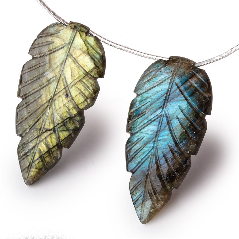 45x22mm Labradorite Carved Leaf Focal Set of 2 Beads - Beadsofcambay.com