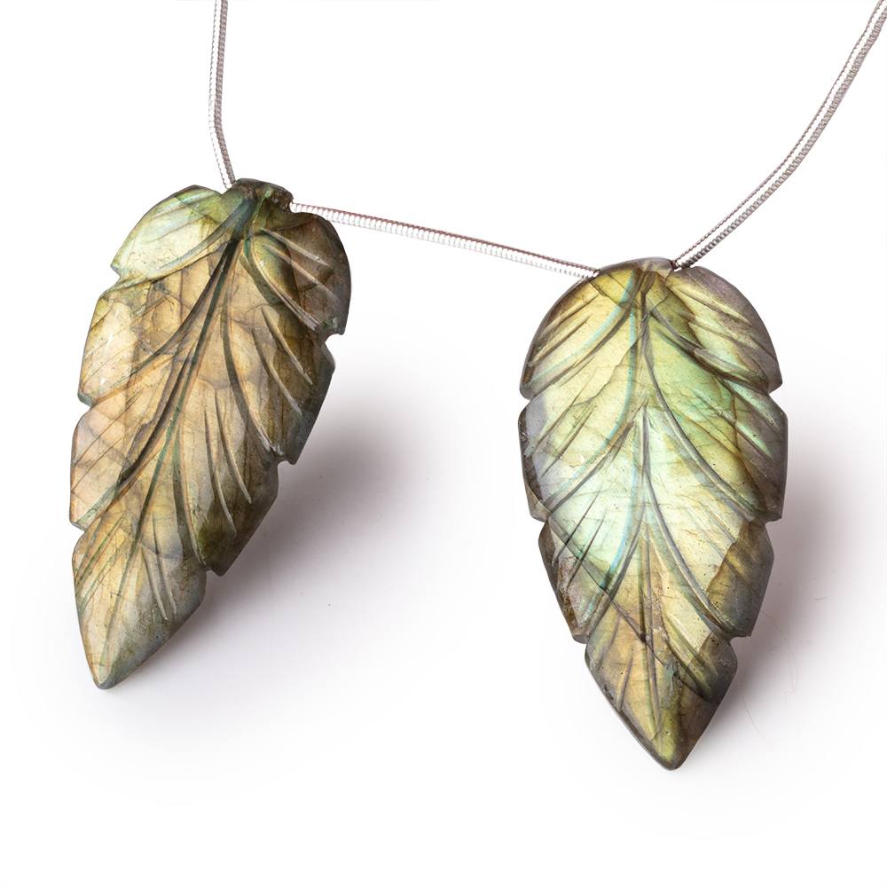 45x22mm Multi Color Labradorite Carved Leaf Focal Set of 2 - Beadsofcambay.com