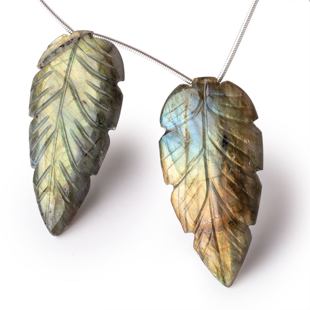 45x22mm Multi Color Labradorite Carved Leaf Focal Set of 2 Beads - Beadsofcambay.com
