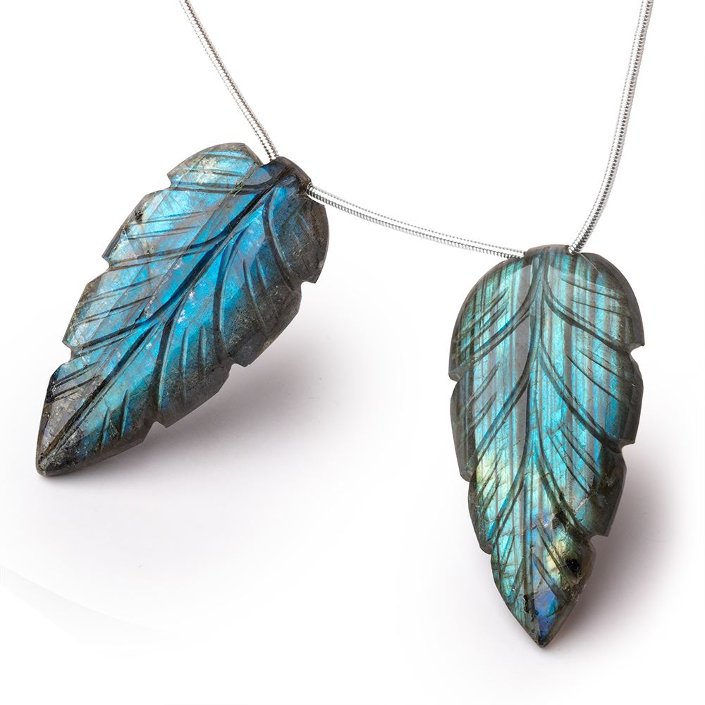 45x22mm Multi Color Labradorite Carved Leaf Focal Set of 2 Beads - Beadsofcambay.com