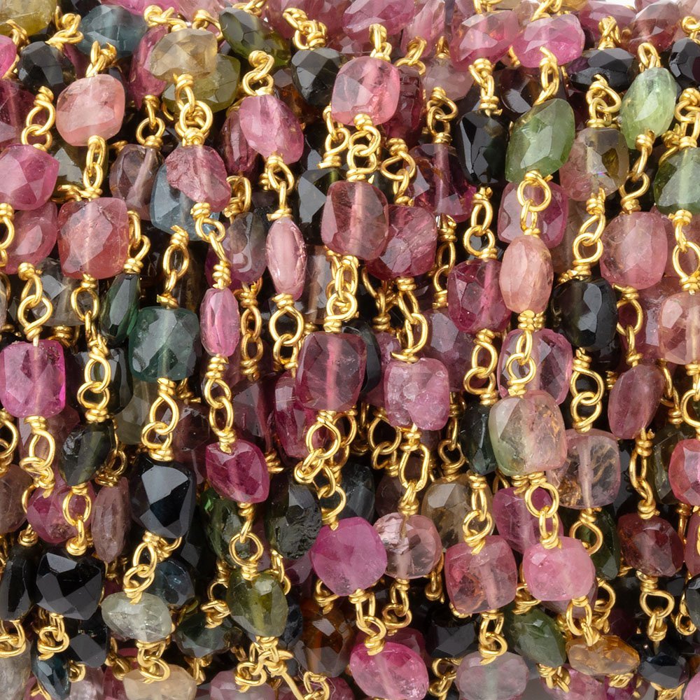 4.5x4mm Multi Color Tourmaline Faceted Rectangles on Vermeil Chain - Beadsofcambay.com