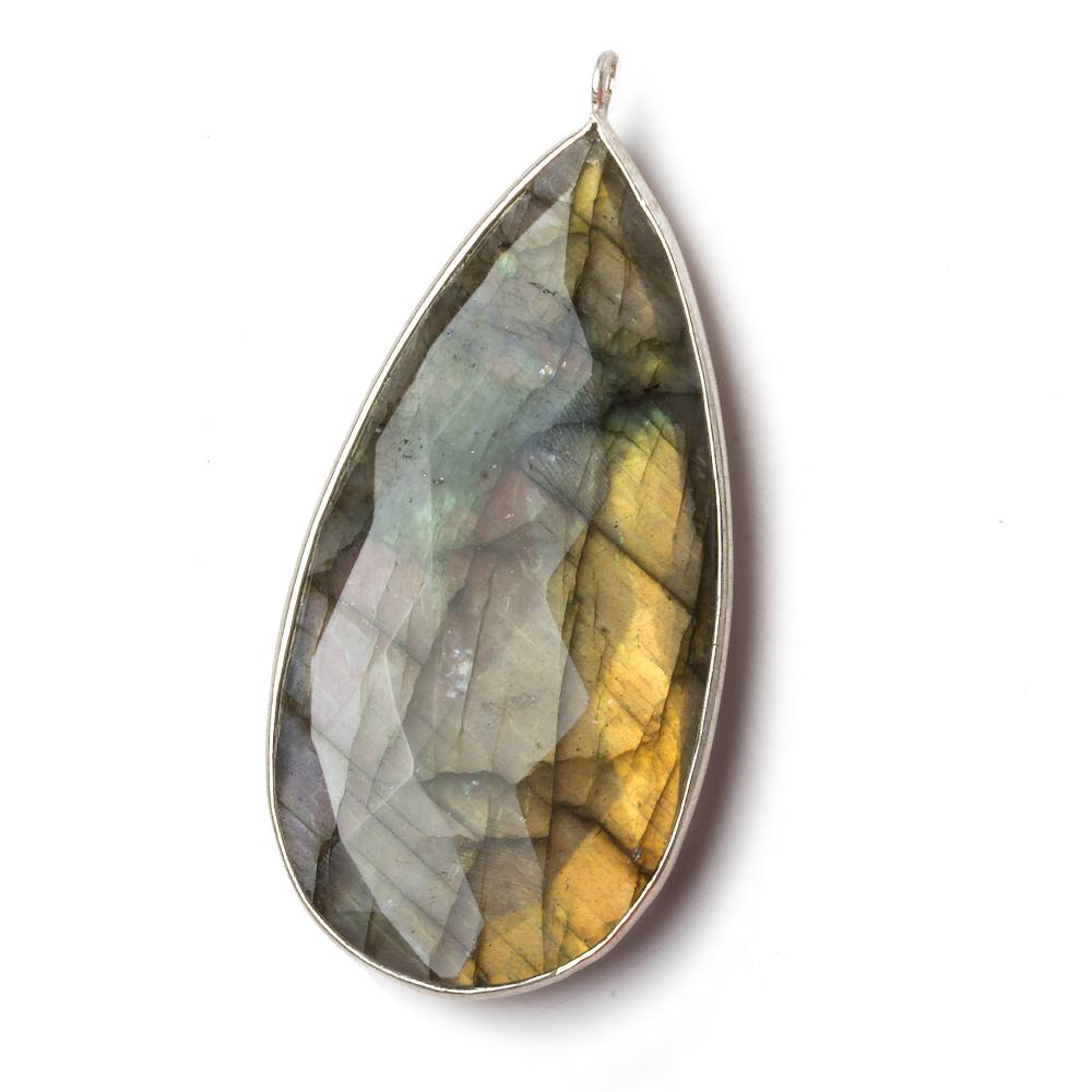 46x24mm Silver .925 Bezel Labradorite faceted pear Pendant 1 piece - Beadsofcambay.com