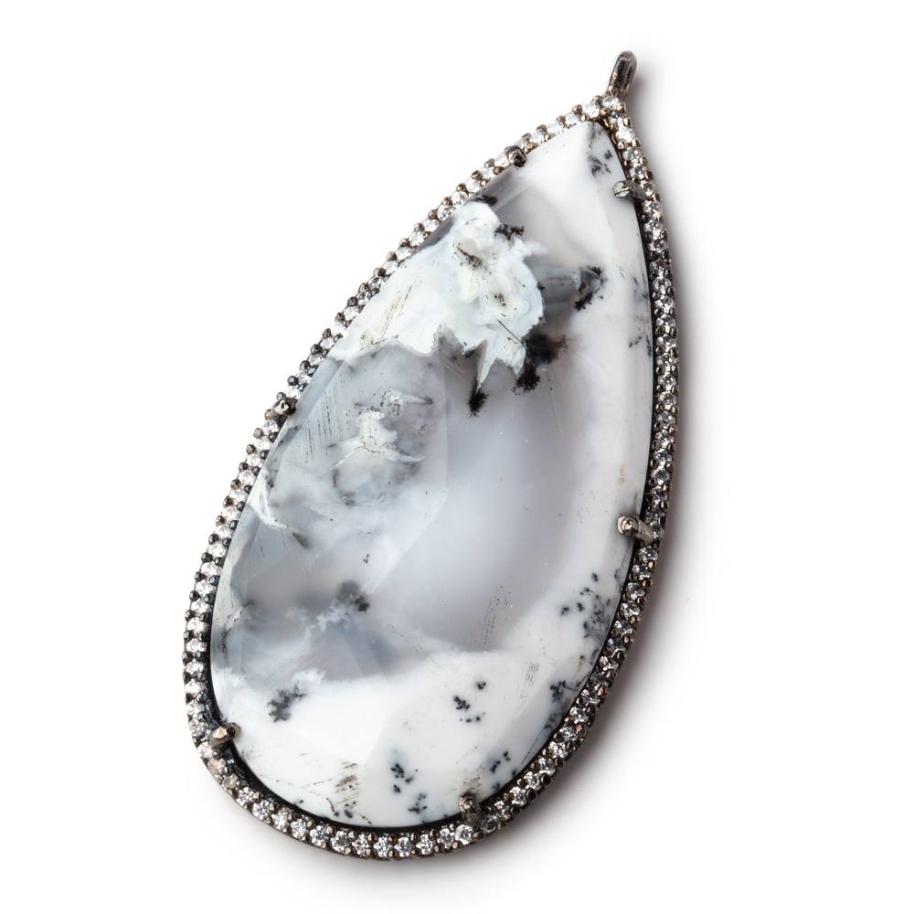 47.5x26mm Black Gold Bezeled White CZ & Dendritic Opal Pear Pendant 1 pc - Beadsofcambay.com