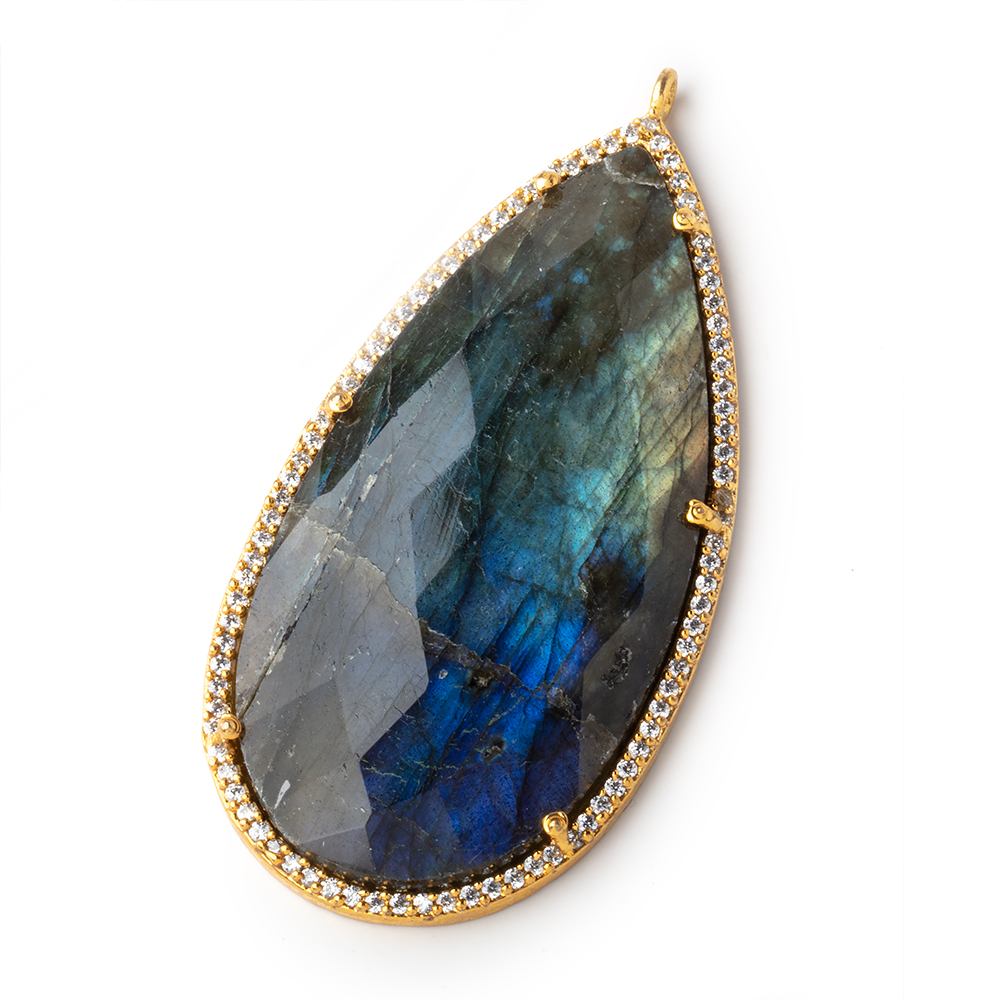 47.5x26mm Gold Bezeled White CZ & Labradorite Pear Pendant 1 pc - Beadsofcambay.com