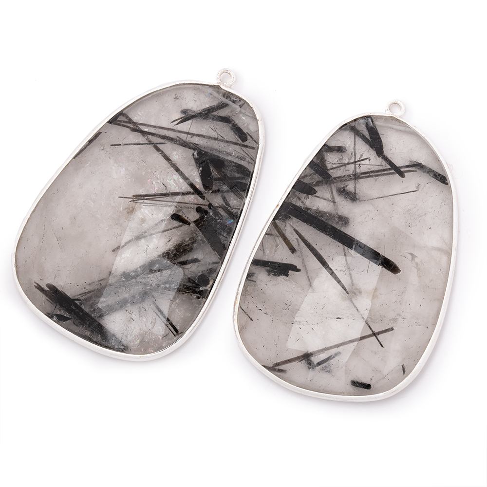 47x32mm .925 Silver Bezel Tourmalinated Quartz Faceted Freeform Set of 2 Pendants - Beadsofcambay.com