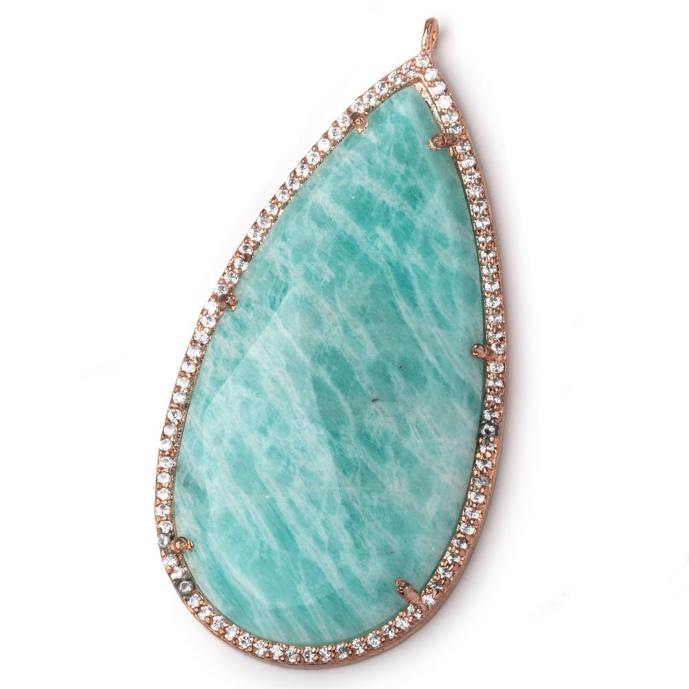 49x25mm Antique Rose Gold CZ Bezel Amazonite Pear Pendant 1 Focal Bead - Beadsofcambay.com