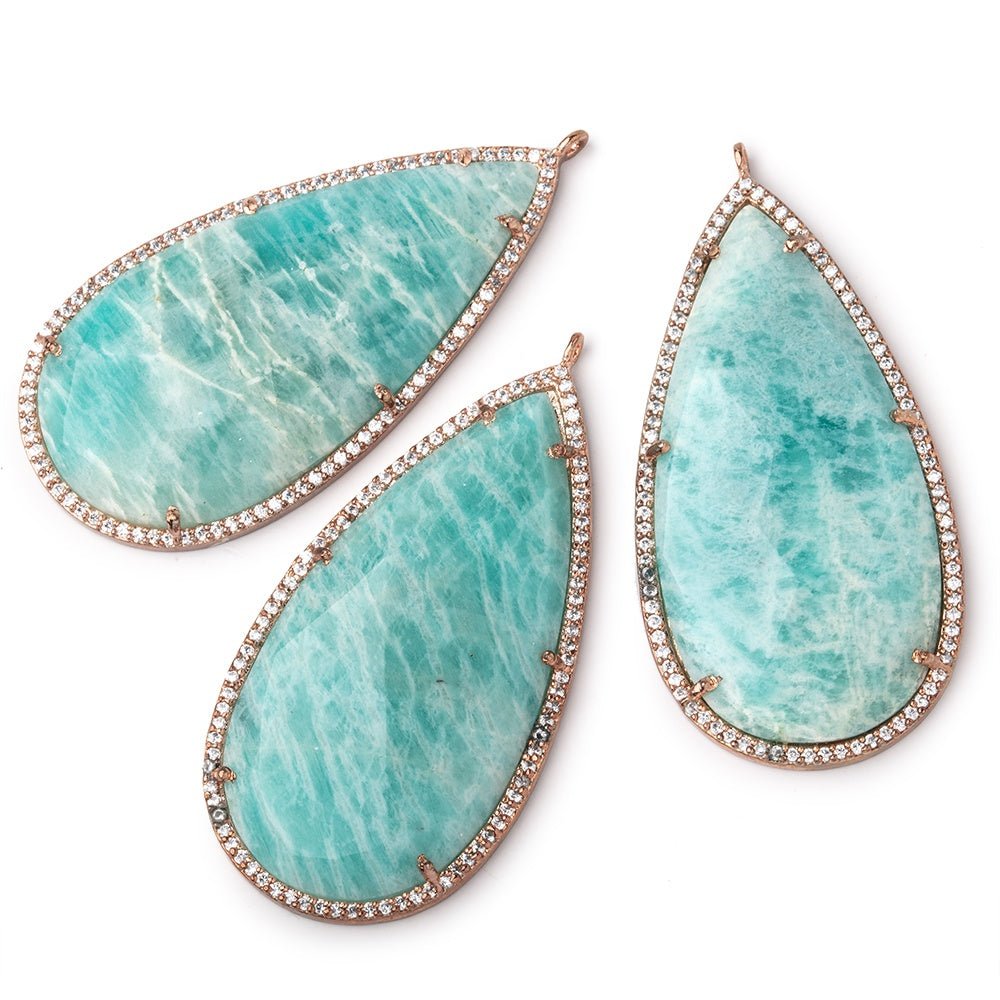 49x25mm Antique Rose Gold CZ Bezel Amazonite Pear Pendant 1 Focal Bead - Beadsofcambay.com