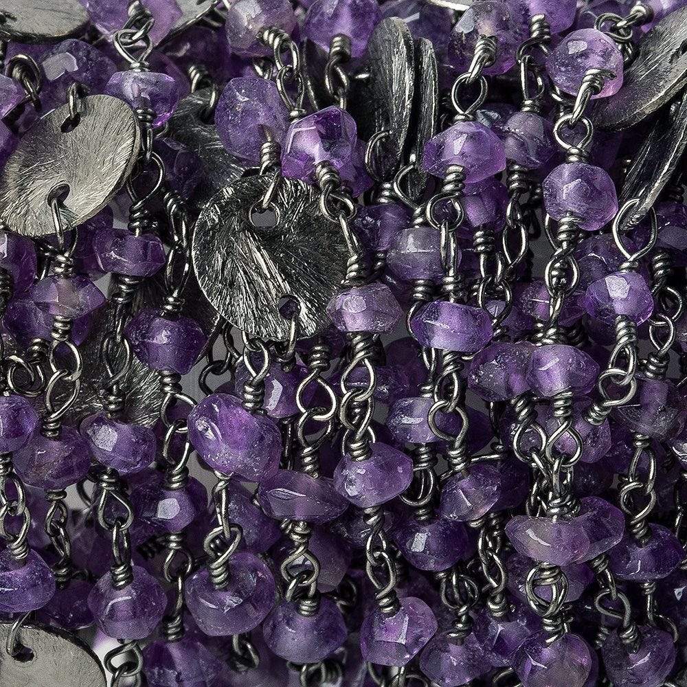 4mm Amethyst rondelle and Brushed Disc Black Gold plated Chain by the foot - Beadsofcambay.com