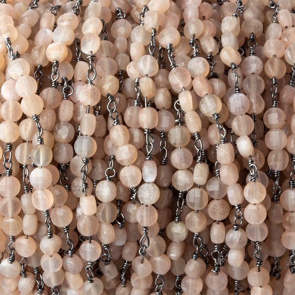 4mm Angel Skin Peach Moonstone faceted coin Trio Black Gold Chain by the foot 54 beads per length - Beadsofcambay.com