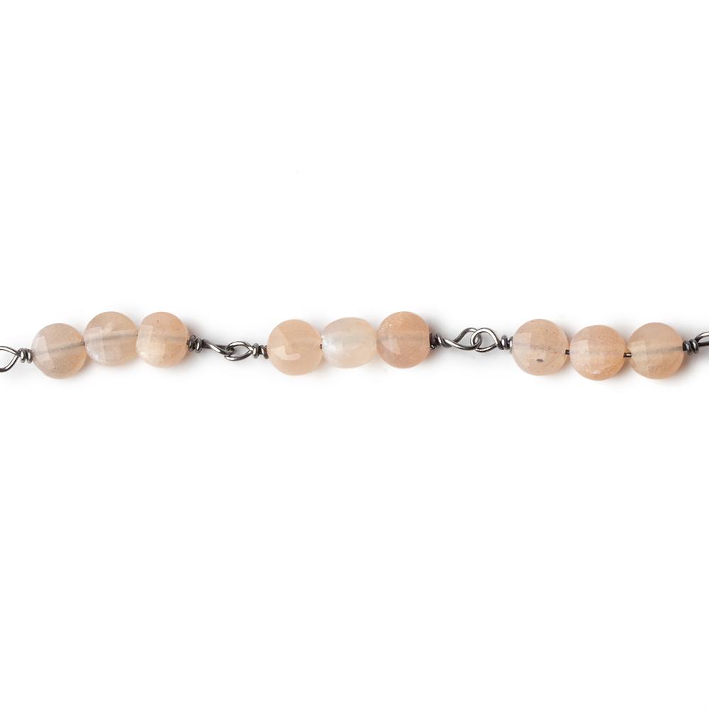 4mm Angel Skin Peach Moonstone faceted coin Trio Black Gold Chain by the foot 54 beads per length - Beadsofcambay.com