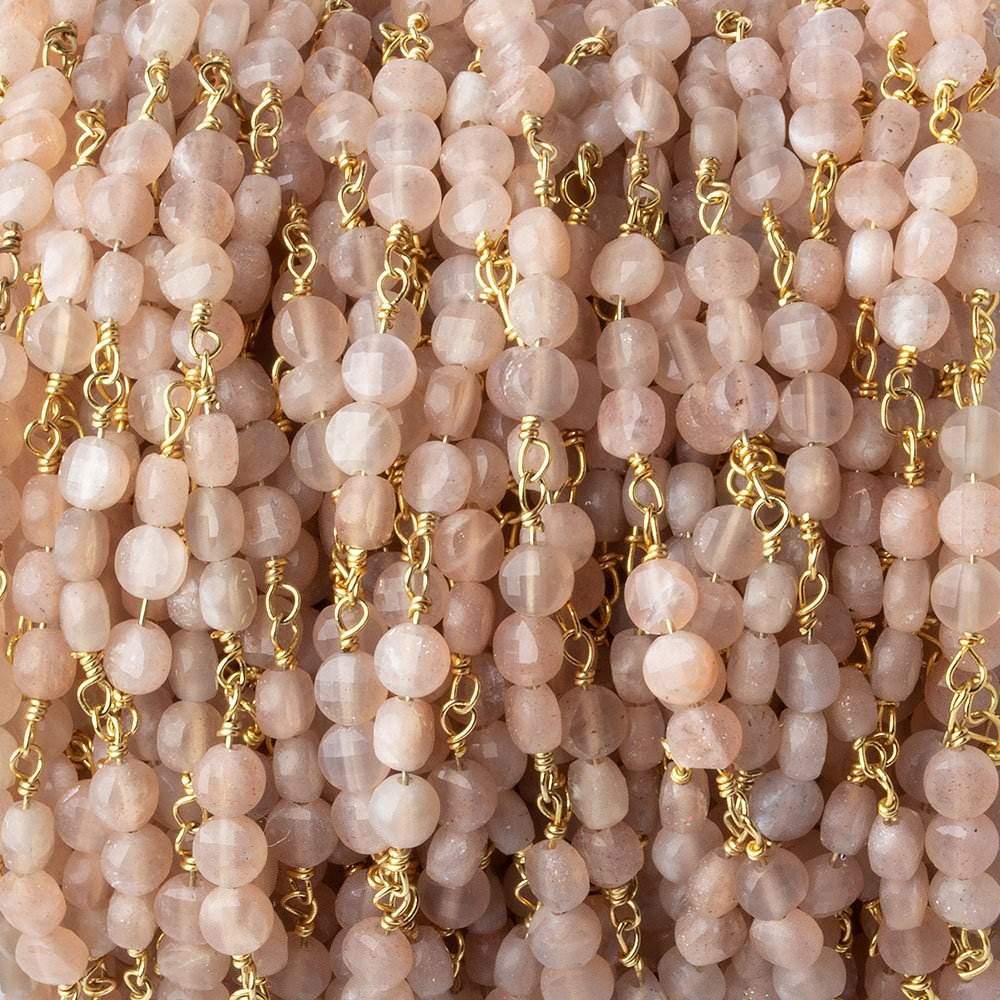 4mm Angel Skin Peach Moonstone faceted coin Trio Gold Chain by the foot 54 beads per length - Beadsofcambay.com