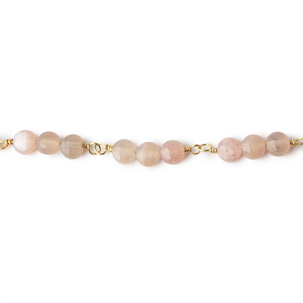 4mm Angel Skin Peach Moonstone faceted coin Trio Gold Chain by the foot 54 beads per length - Beadsofcambay.com