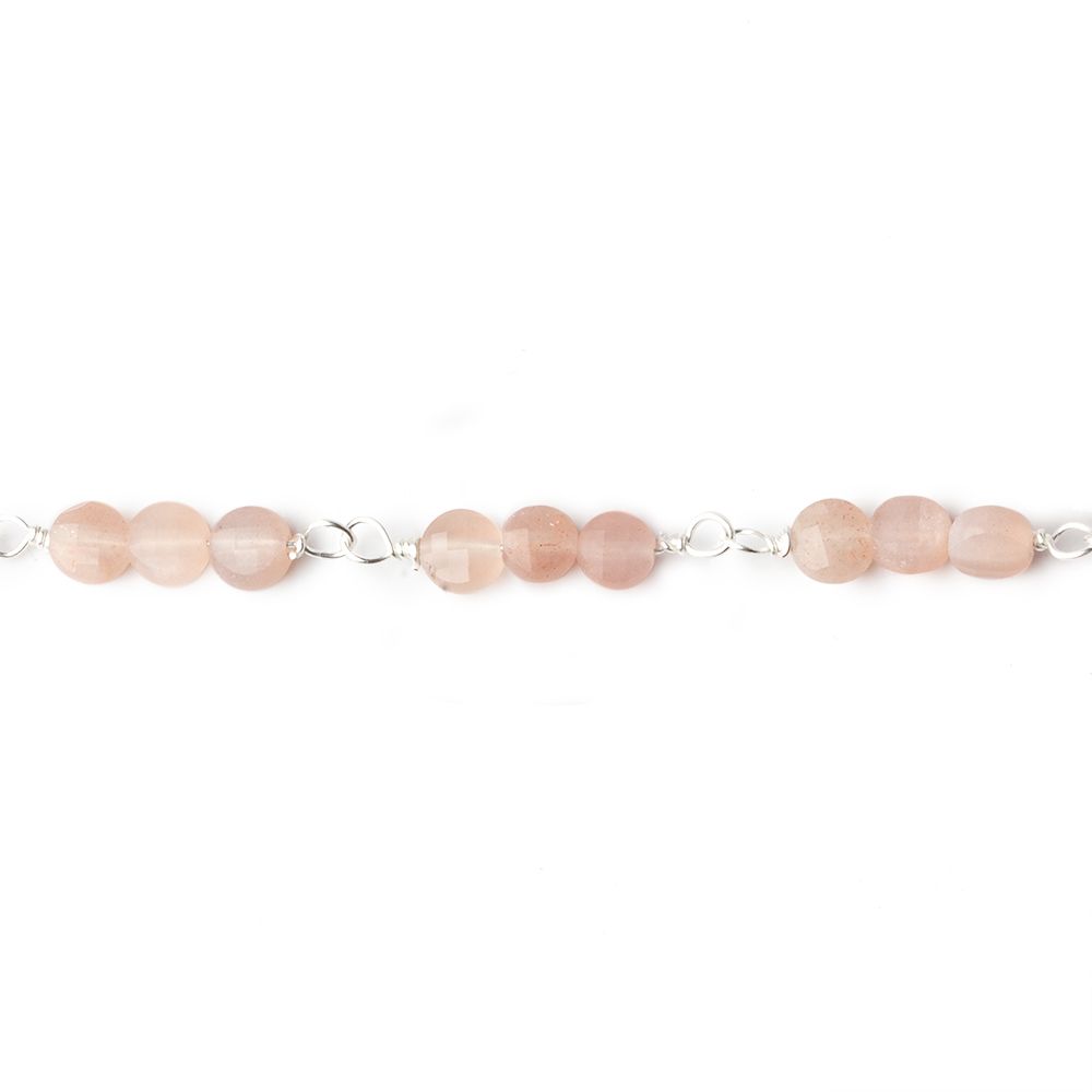 4mm Angel Skin Peach Moonstone faceted coin Trio Silver Chain by the foot 54 beads per length - Beadsofcambay.com