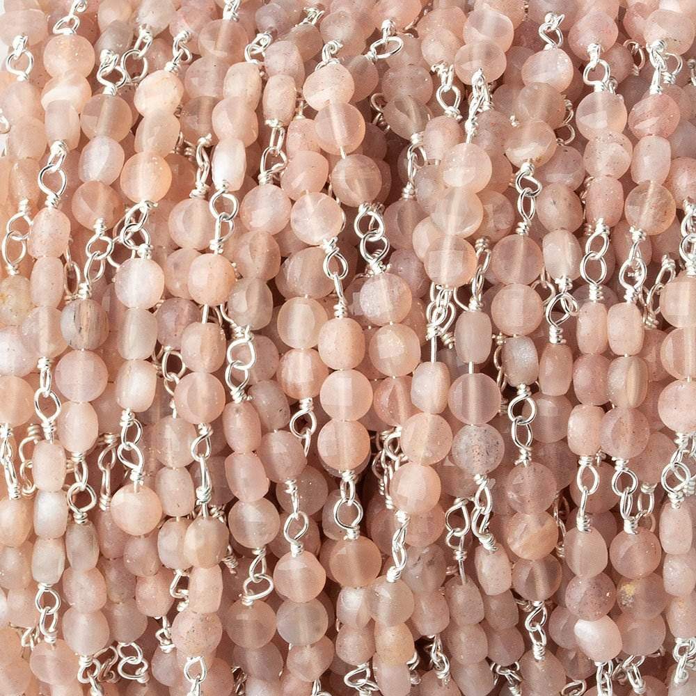 4mm Angel Skin Peach Moonstone faceted coin Trio Silver Chain by the foot 54 beads per length - Beadsofcambay.com