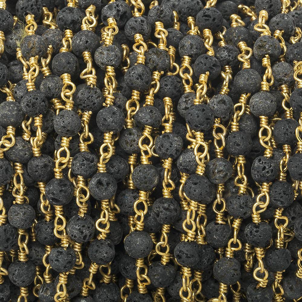 4mm Black Lava Rock plain round Gold Chain by the foot 30 beads - Beadsofcambay.com