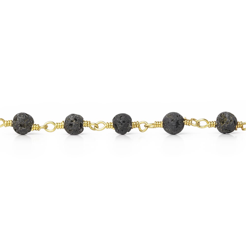 4mm Black Lava Rock plain round Gold Chain by the foot 30 beads - Beadsofcambay.com