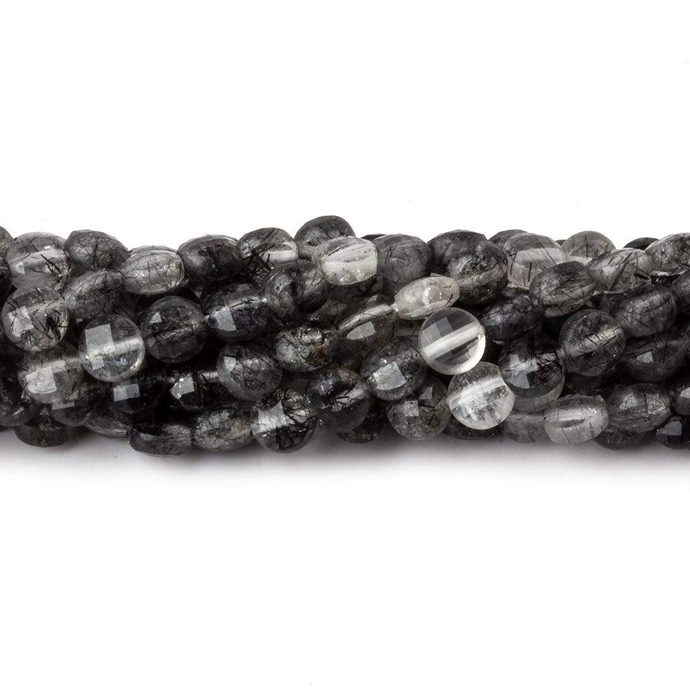 4mm Black Tourmalinated Quartz checkerboard calibrated faceted coins 12.5 inch 85 beads AAA - Beadsofcambay.com