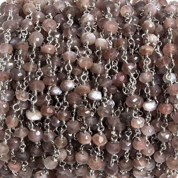 4mm Chocolate Moonstone faceted rondelle Silver Chain by the foot 34 pieces - Beadsofcambay.com