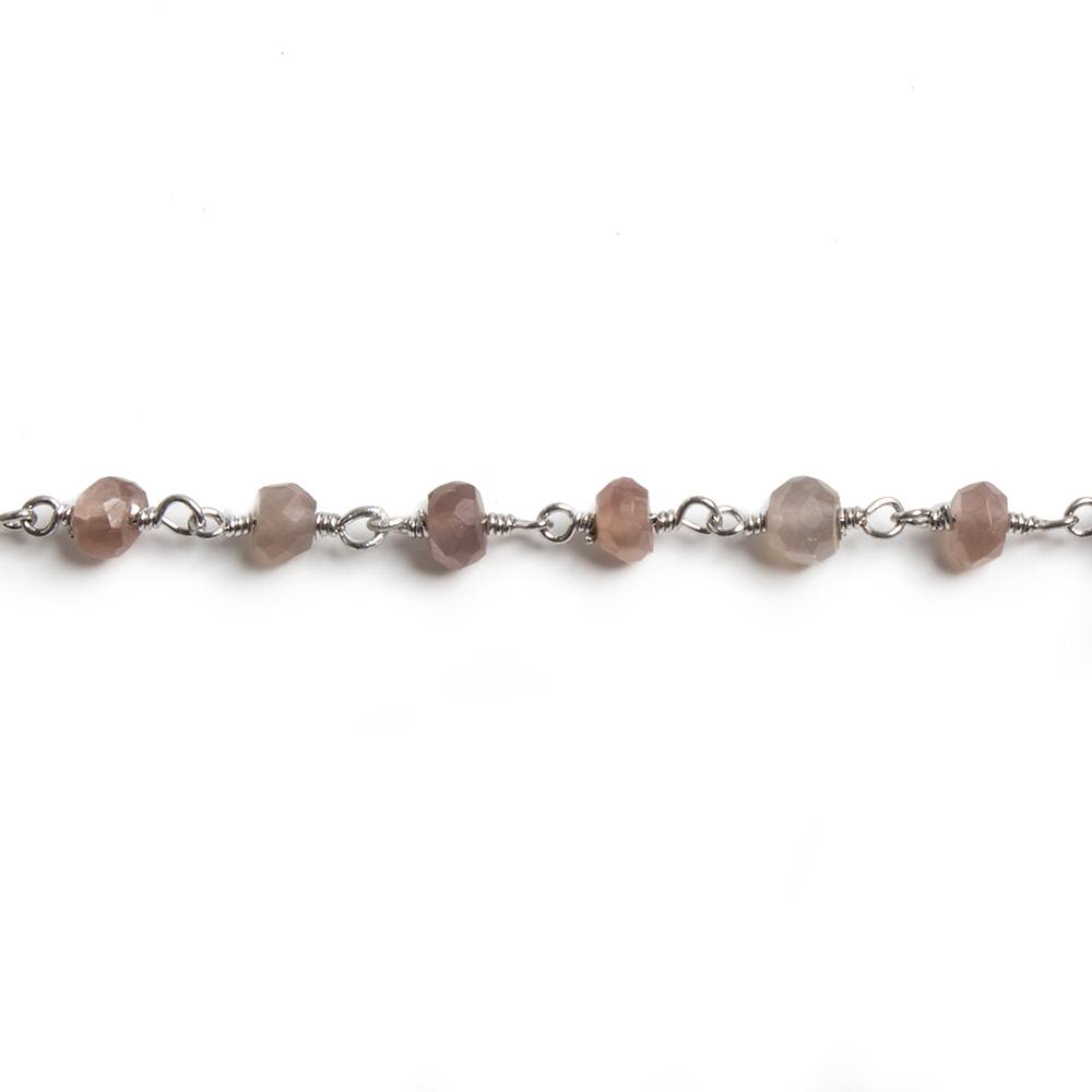 4mm Chocolate Moonstone faceted rondelle Silver Chain by the foot 34 pieces - Beadsofcambay.com