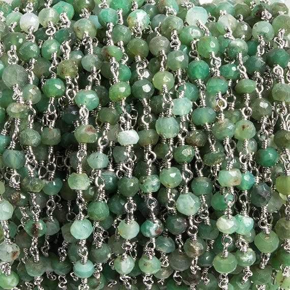 4mm Chrysoprase faceted rondelle Silver Chain by the foot 34 pieces - Beadsofcambay.com
