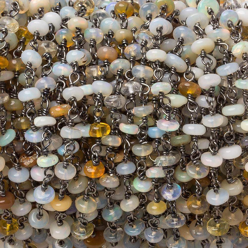 4mm Ethiopian Opal plain rondelle Black over .925 Silver Chain by the foot 45 beads - Beadsofcambay.com