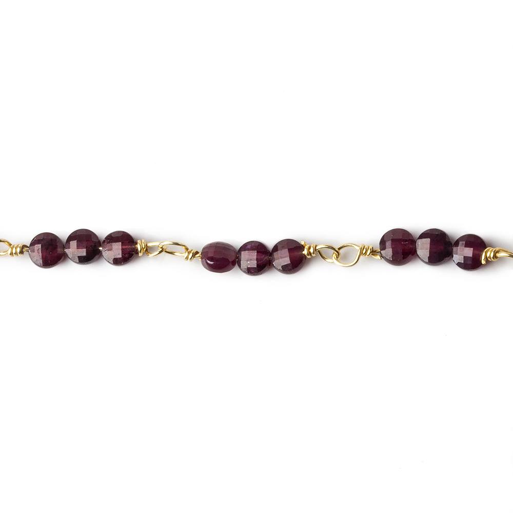 4mm Garnet faceted coin Trio Gold Chain by the foot 54 beads per length - Beadsofcambay.com