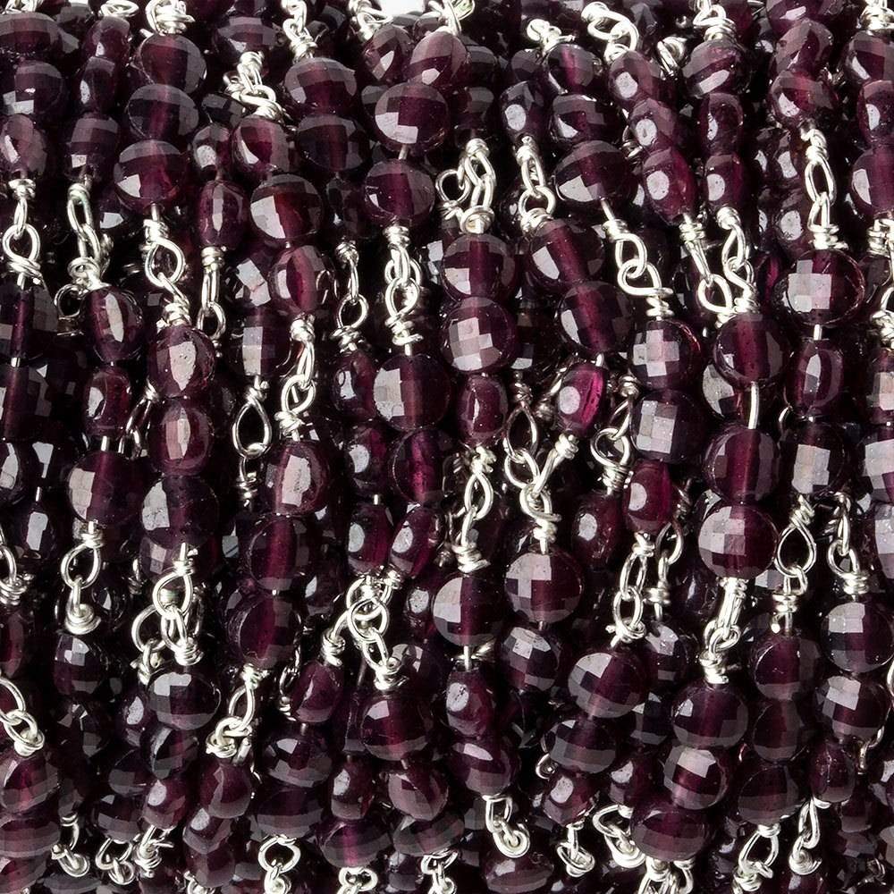 4mm Garnet faceted coin Trio Silver Chain by the foot 54 beads per length - Beadsofcambay.com