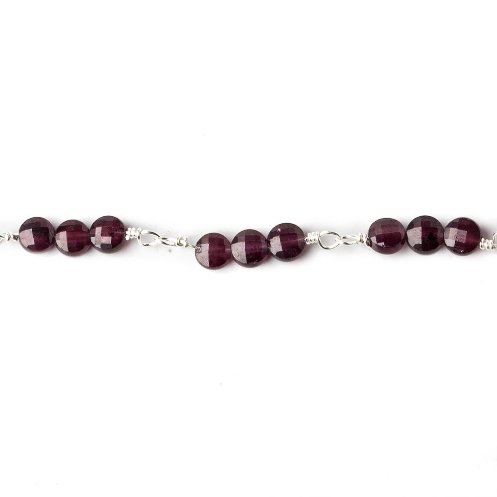 4mm Garnet faceted coin Trio Silver Chain by the foot 54 beads per length - Beadsofcambay.com